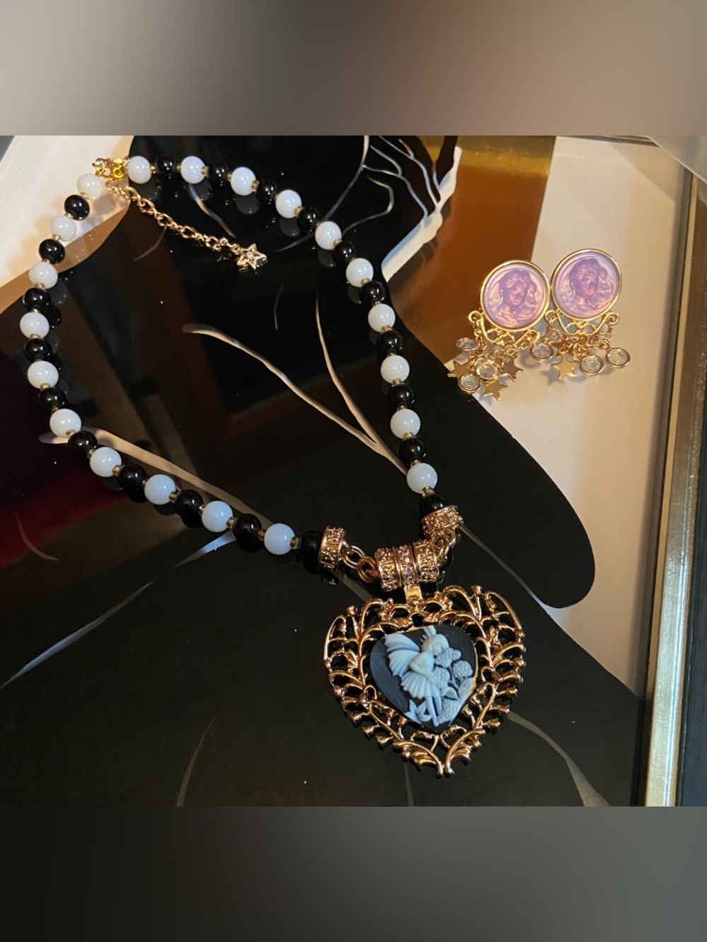 Gold Heart Fairy Cameo Magnetic Necklace w/ Black + White Beads and KF Earrings